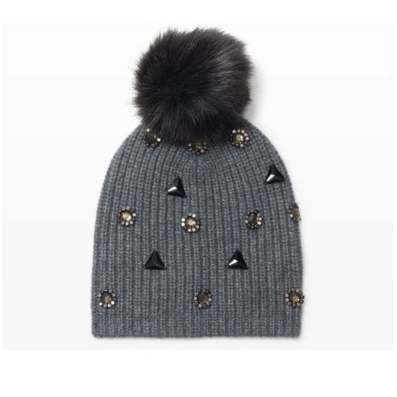 • Club Monaco • Women’s Blena Winter Beanie Pom Pom Hat Gray and Black - Picture 2 of 6
